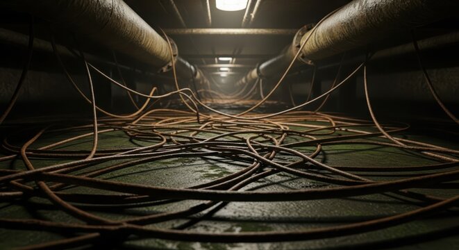 A dense web of tangled rusted wires and cables spreads across the floor of a dark industrial tunnel with pipes overhead