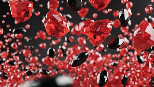Vibrant heart gemstones and sparkling ruby crystals cascade with passion against dark. Juicy red watermelon slices burst, creating an explosion of natural color, symbolizing love on black