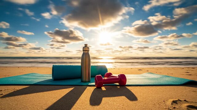 Fitness equipment on beach mat, yoga roller, dumbbells, water bottle, seaside workout, sunny day, ocean waves, blue sky, clouds