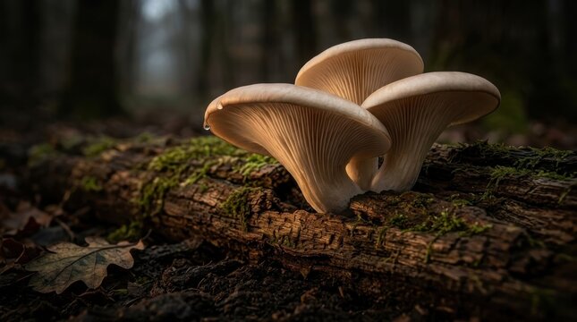Oyster mushrooms growing on mossy log in dark forest, fresh natural food, healthy organic produce.