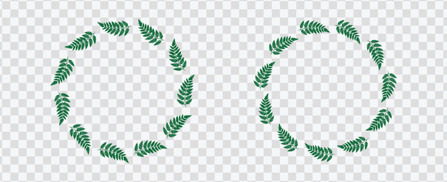 Leaf wreath vector set with circular botanical frames and green foliage elements, isolated on transparent background, ideal for wedding invitations, branding, logos, and decorative designs.