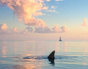 Naklejka premium Aileron de requin sur un mer calme, à proximité d'un voilier