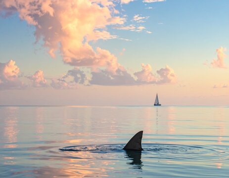 Aileron de requin sur un mer calme, &agrave; proximit&eacute; d'un voilier