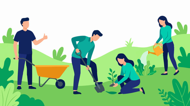 Group of people planting and caring for trees in a green environment