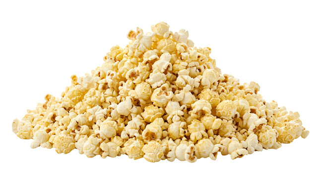 heap of buttery popcorn kernels spilling over white background for snack advertising