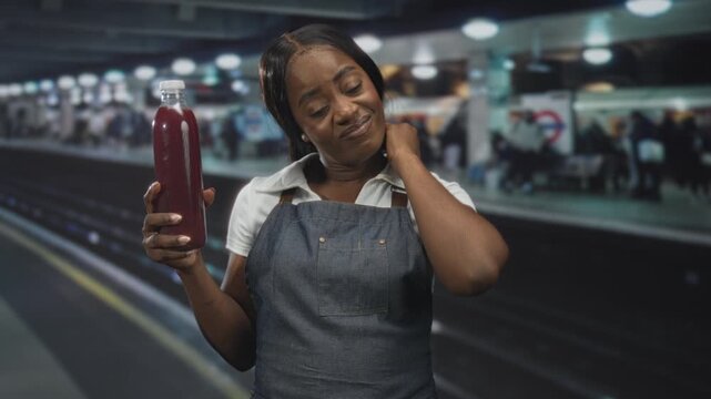 Woman in apron holds pomegranate juice bottle in hand and touches her neck on a subway platform inside a building; small business pride.