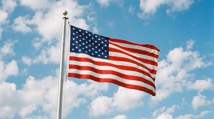 Obraz premium American Flag Waving on Flagpole Against Blue Cloudy Sky
