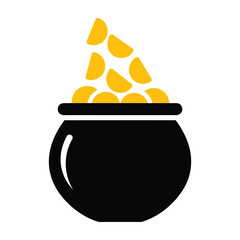 Black cauldron filled with gold coins on white background © VectorNexa