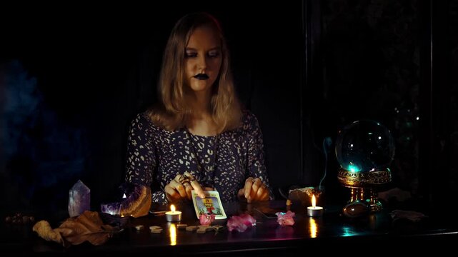 Woman psychic lays out tarot cards during a divination ritual with crystal ball candles smoke amethyst and runes in a dark mystical esoteric setting