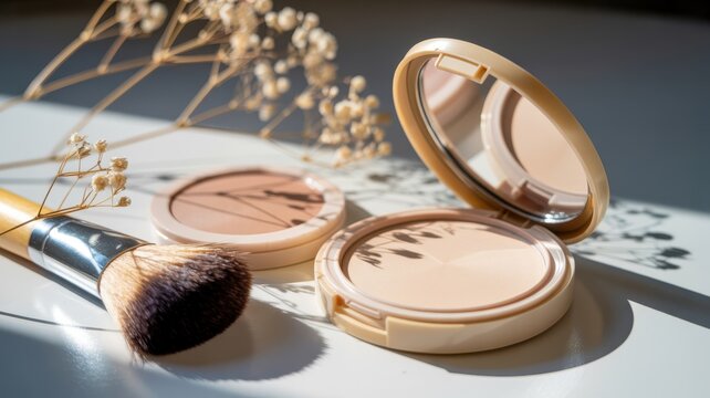 Close up of compact makeup powder and brush on white table with dried flowers and sunlight.