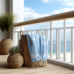Obraz premium Coastal balcony with blue towel draped over wicker basket, potted plant, ocean view, serene summer atmosphere, natural light