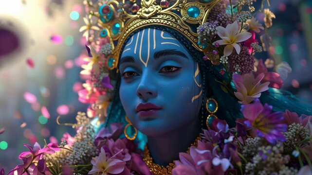 Close-up Portrait of Lord Krishna Decorated with Flowers During Festival