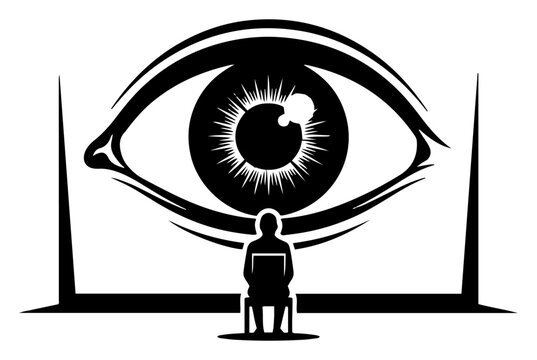 Giant human eye on screen watching small person working at laptop computer silhouette representation of digital surveillance