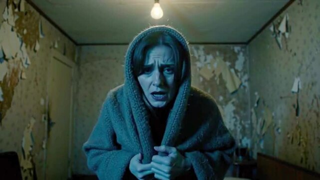 Woman wrapped in blanket shivering, cold and weak mood, dim lighting, cinematic frame. video
