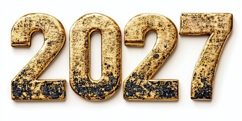 Naklejka premium Elegant Metal Digits of 2027 on White Background, Vintage Luxurious Style with Bronze and Gold.