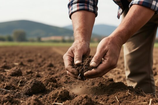 Farmer holds soil in hands. He checks dirt quality. Man prepares land for planting. Cultivating crops begins now. Growing season starts soon.
