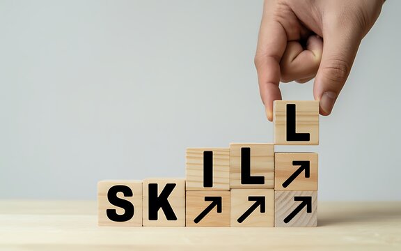 Hand placing a wooden block with the letter L on top of a stack spelling SKILL, symbolizing learning, development, and personal growth in a professional setting.