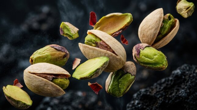 Fresh roasted pistachio nuts flying in air with cracked shells and green kernels against dark rustic textured background.