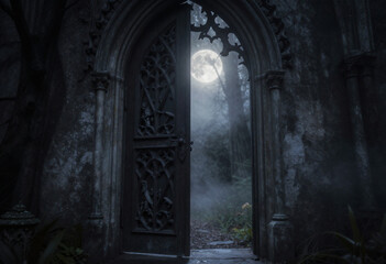 Obraz premium intricate gothic doorway framed eerie mist bathed soft moonlight opens onto shadowy forest hinting magical