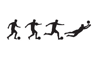 Fototapeta premium Collection of soccer player silhouettes, Vector illustration set of football players in action poses, Soccer kick and shooting silhouettes in flat style, Football athlete shadow graphics