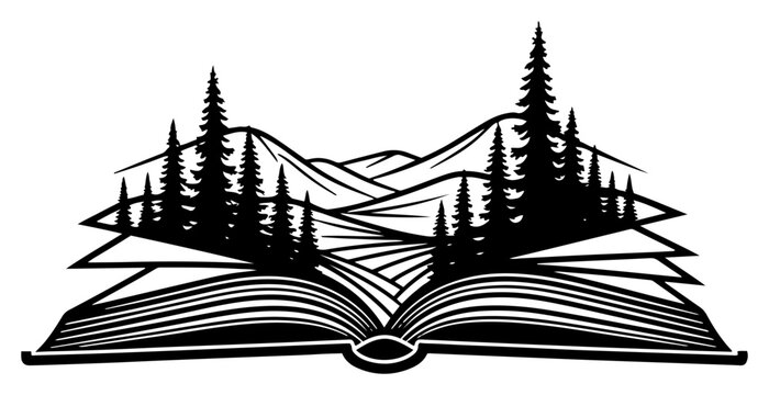 Pine forest and mountain landscape growing from pages of open book in minimalist silhouette style