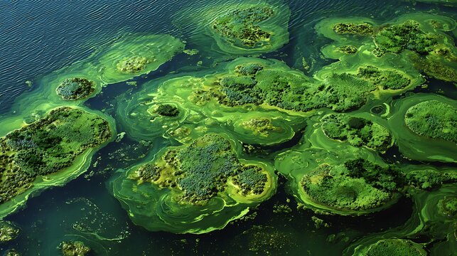 Aerial view of thick green algae bloom covering water surface.