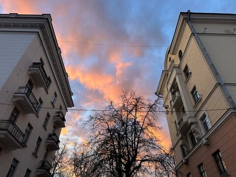 Urban residential buildings framing dramatic sunset sky with colorful clouds and tree silhouette, evening cityscape and architecture concept.