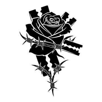 Rose flower wrapped in barbed wire with razor blade in dark tattoo style