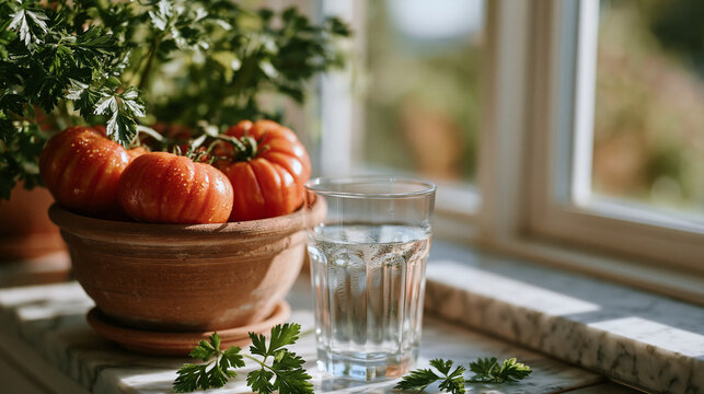Overripe heirloom tomatoes bursting from a terracotta pot on a sunlit kitchen windowsill, condensation on a nearby glass of water, parsley sprigs scattered across a marble ledge, evoking Mediterrane