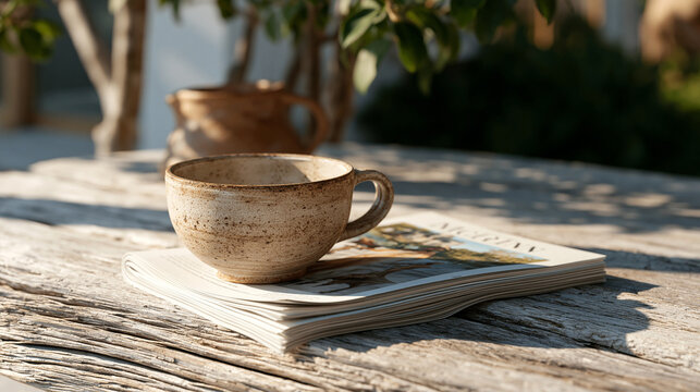 Magazine cover layout mockup lying flat on a sun-bleached outdoor table beside a clay mug, pages fanning slightly in the breeze, masthead visible over an environmental editorial image, ideal for pub