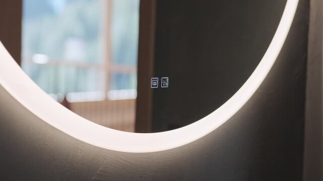 Modern round bathroom mirror with integrated led lighting and smart touch screen controls