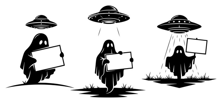 Cartoon ghosts holding blank signs while being abducted by UFO flying saucers in funny vector style