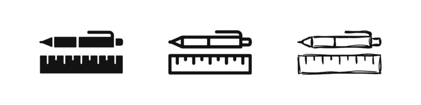 Pen and Ruler Icon Set - Measurement Design and Stationery Symbols
