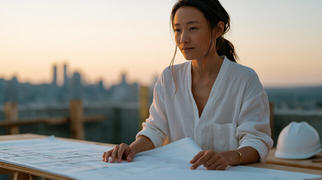 Female architect reviewing large-format printed blueprints spread across a trestle table on a building rooftop, city skyline visible behind her, hard hat resting nearby, evoking urban construction, 