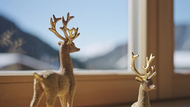 Decorative golden reindeer statuettes sitting on a windowsill with a snowy mountain view outside
