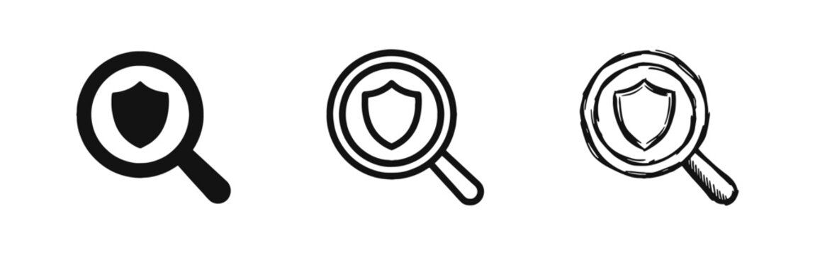 Security Search and Vulnerability Scan Icon Set - Magnifying Glass with Shield in Three Styles