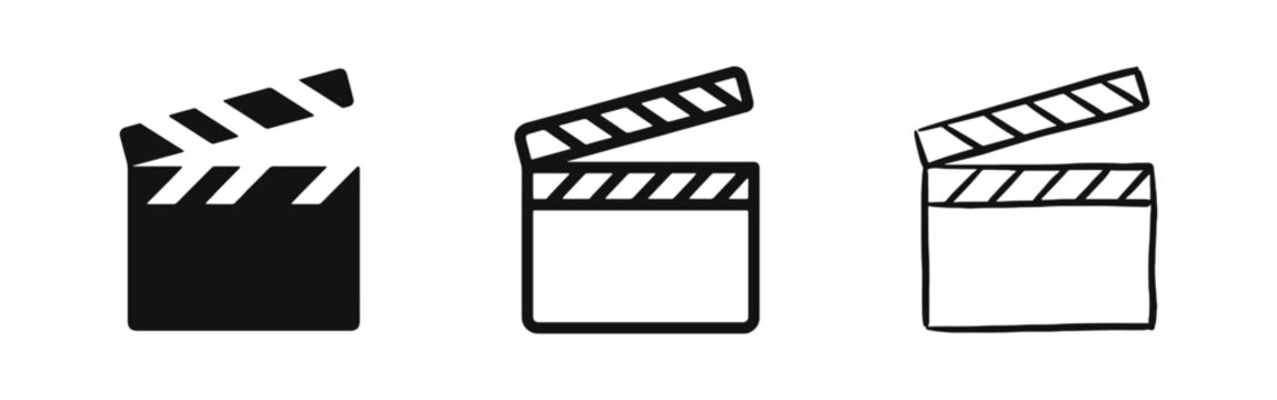 Movie Clapperboard Icon Set - Cinema and Video Production Symbols in Solid, Outline, and Sketch Styles