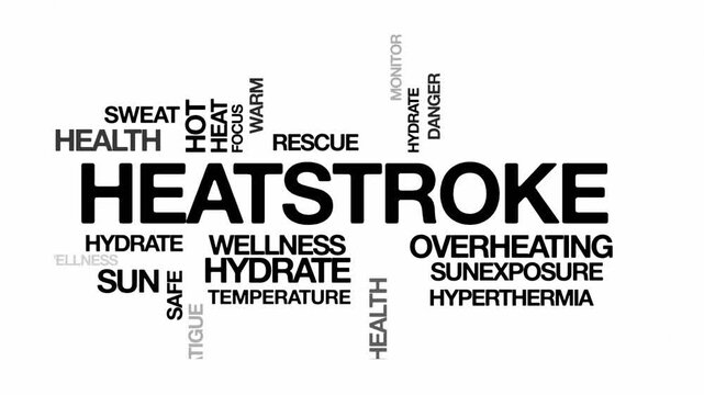 Heatstroke concept Animated Tag Word Cloud kinetic typography, Text Design Animation typography seamless loop video motion graphics Intro Wordart tagcloud arrangement black type on white background bg