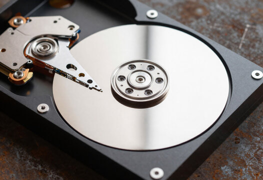 shot captures shattered remains computer hard drive platter rusty metal surface bathed harsh fluorescent lighting