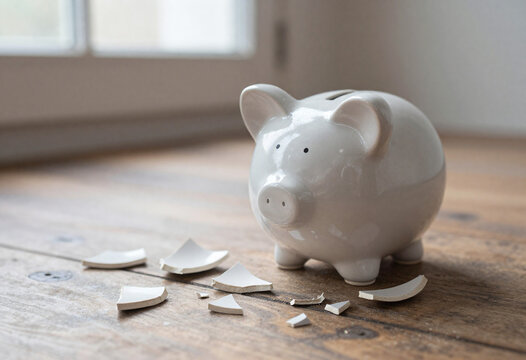 shot captures shattered remnants white piggy bank splayed across weathered wooden floor bathed soft morning light