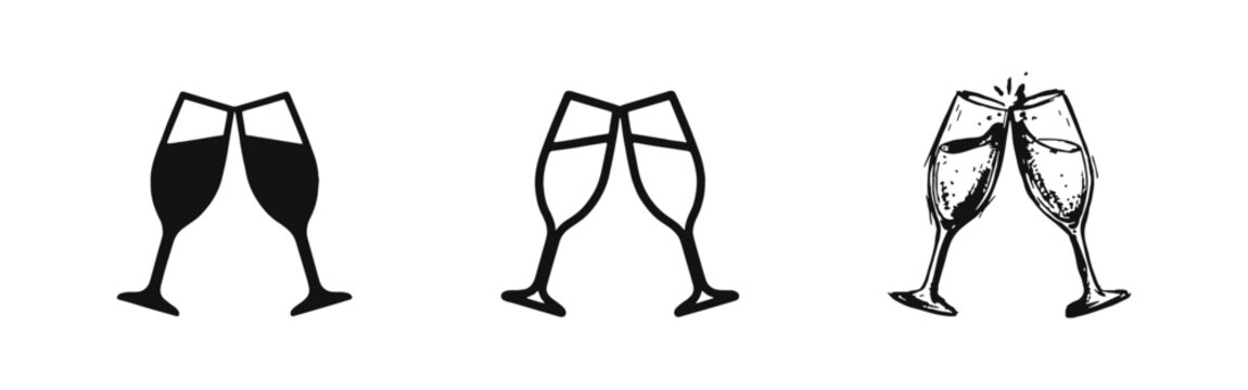 Champagne Glasses Toasting Icon Set - Celebration and Party Symbols in Solid, Outline, and Sketch Styles