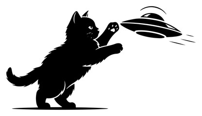 Fluffy kitten jumping and playing with flying saucer ufo in minimalist silhouette style © Aurora