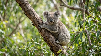 Fototapeta premium Cute Koala Clinging to Eucalyptus Tree Branch in Lush Green Forest