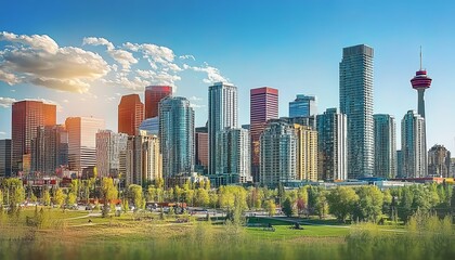Obraz premium Calgary city skyline featuring skyscrapers, parks, and a vibrant sunset illuminating the landscape.