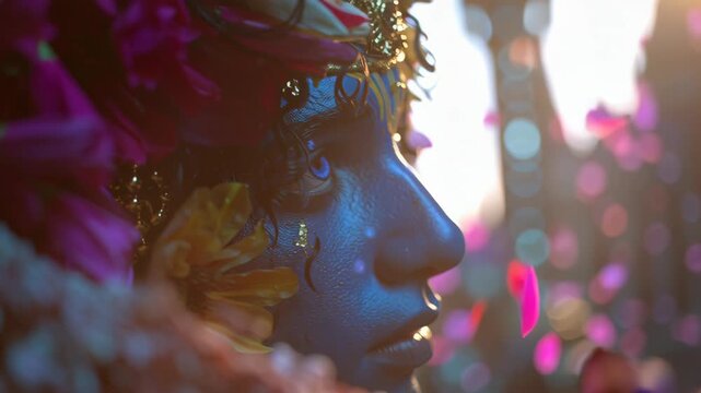 Person with blue skin makeup and floral crown celebrating festival