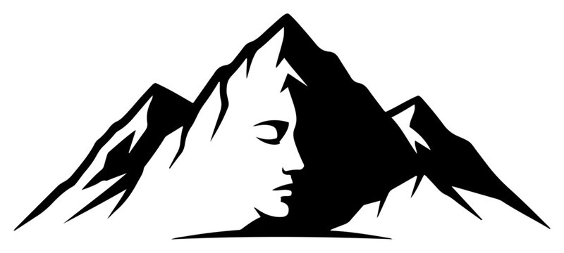 Mountain peak with integrated human face profile in minimalist organic landscape silhouette style