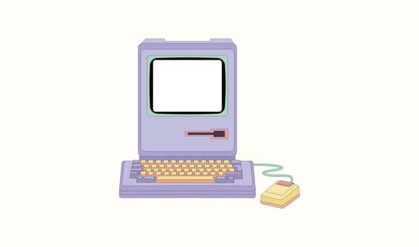 Retro computer illustration with vintage design, pastel colors, simplistic flat lay, and a nostalgic mood