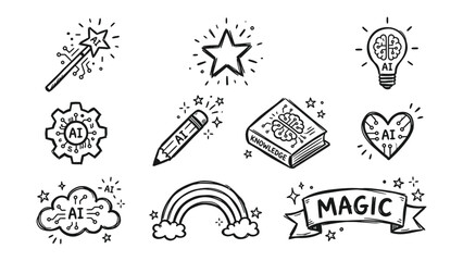 Doodle Set of Magic Elements: A whimsical array of hand-drawn icons featuring magic wands, stars, light bulbs, gears, pencils, books, hearts, clouds, rainbows, and banners. © Juhhad