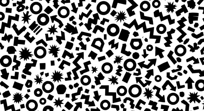 Geometric pattern with diverse shapes including circles, squares, stars and crosses, seamless abstract background for design