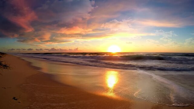 Sunny beach with calm ocean waves and dramatic clouds under a bright sun, perfect for vacation and travel themes